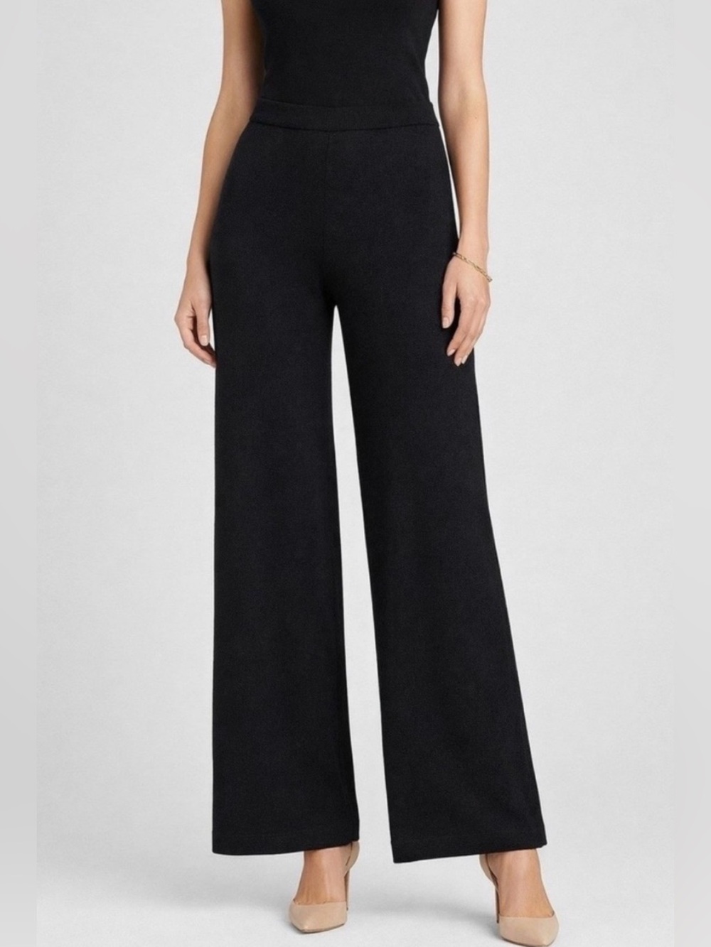 St. John Caviar Black Santana Knit Pants Wide Leg Size 8
